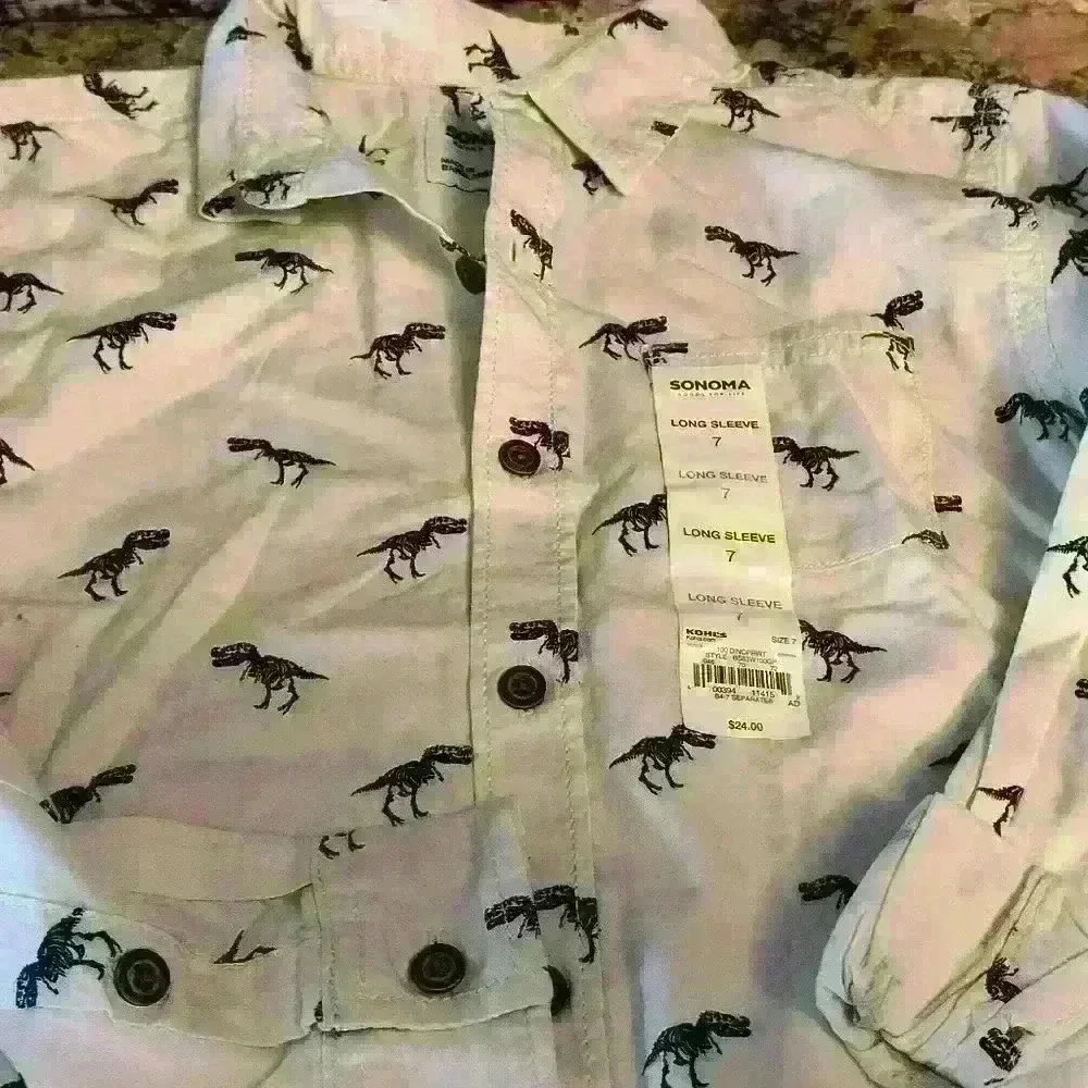 White And Blue Dinosaur Boys Button Up Long Sleeve Polo Style Shirt Sonoma Size
